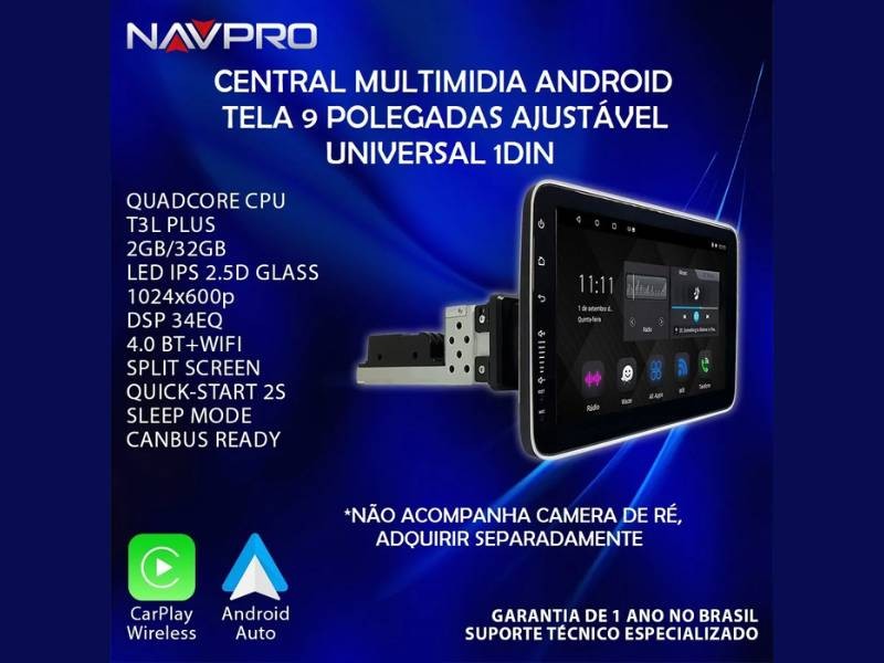 Central Multimídia 1Din Universal T3L Plus Vidro - NAVPRO