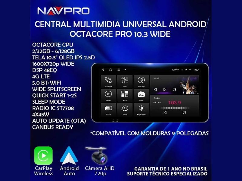 Central Multimidia WIDE QLED IPS NAVPRO - OCTACORE PRO UNIVERSAL